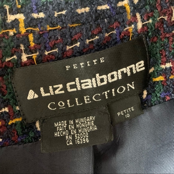 Vintage Liz Clairborne Wool Blazer Navy Blue Preppy 10P tartan plaid - Picture 2 of 5